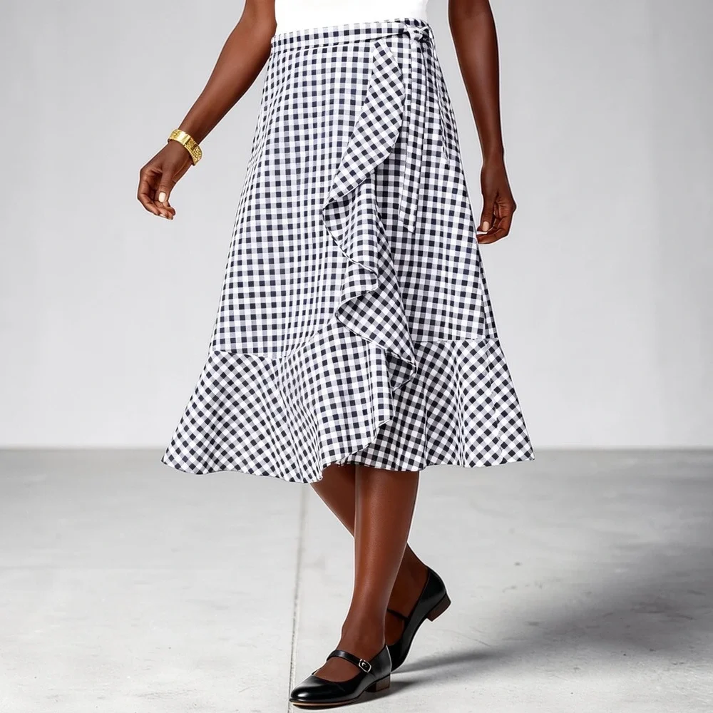 Talbots Gingham Ruffle Midi Skirt Black White NEW size 12 - Picture 1 of 8